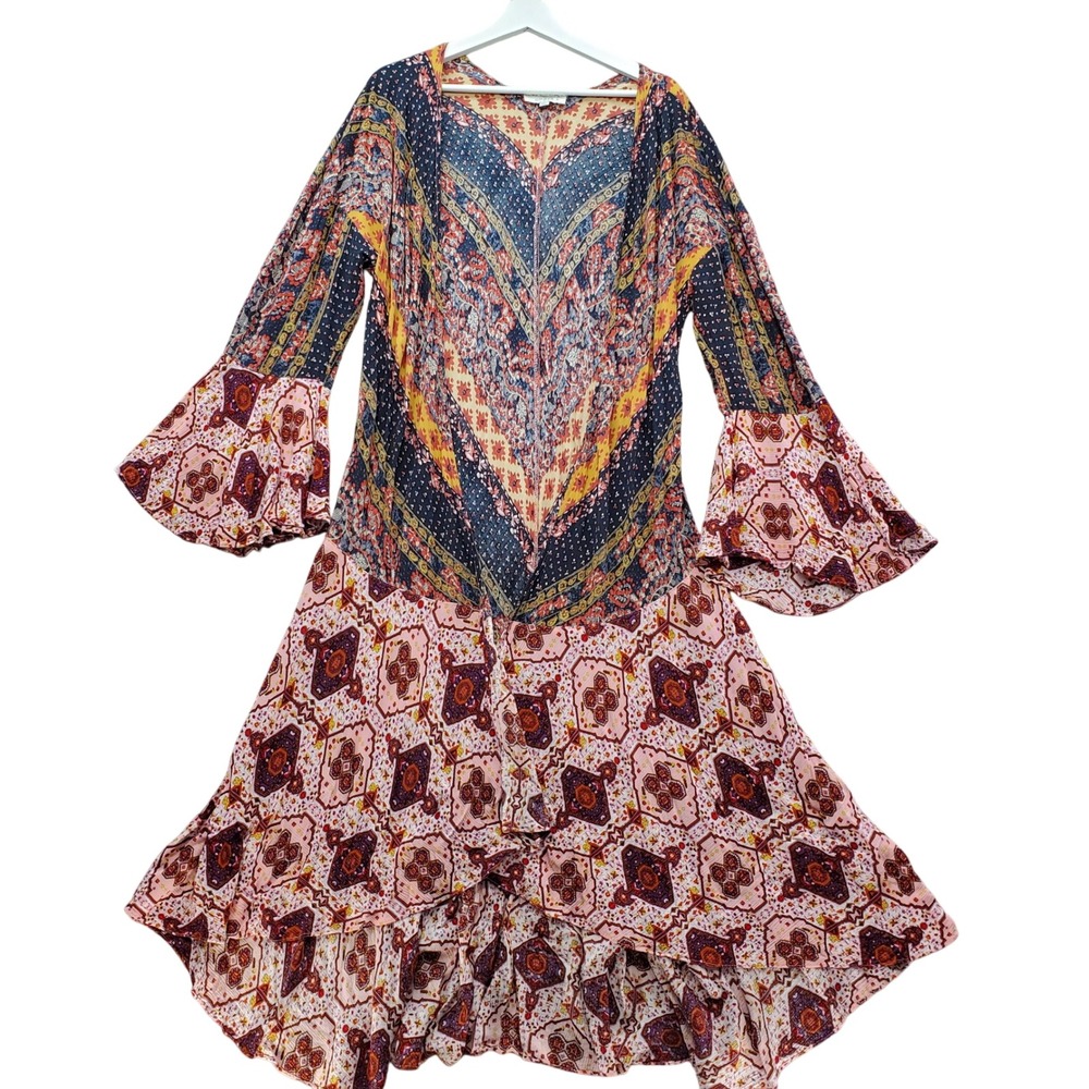 Umgee Long Dress‎ Womens XL Pink Mixed Paisley Print Bell Sleeve Ruffled Kimono